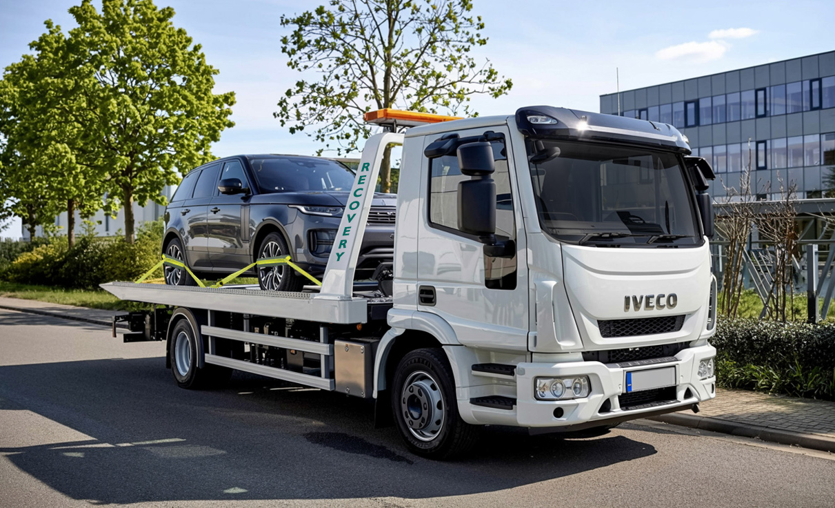 Services - GMP Recovery Services - an Iveco tow truck with a black SUV on its flatbed
